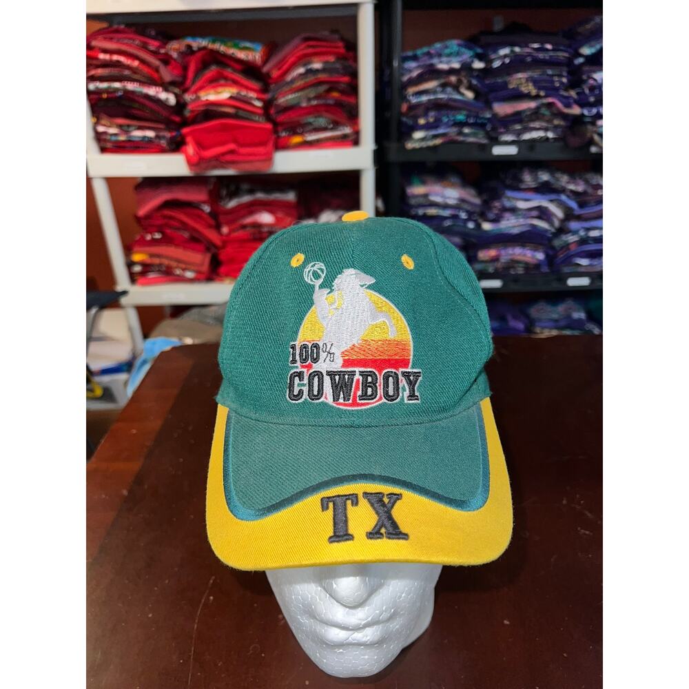 Vintage Cowboy Hat 100% Cowboy Horse TX Texas Green Graphic Cap